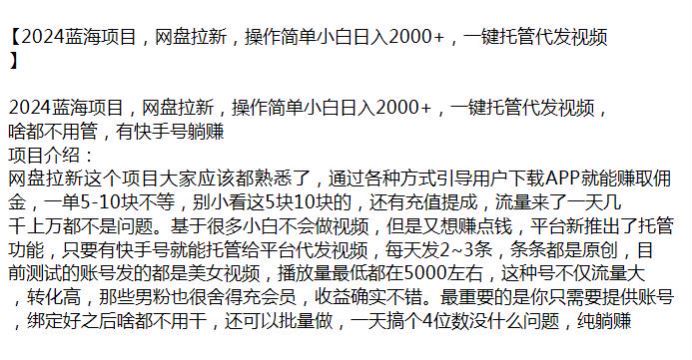 2024 托管平台代发视频做网盘拉新项目，只需提供账号就 228.86MB