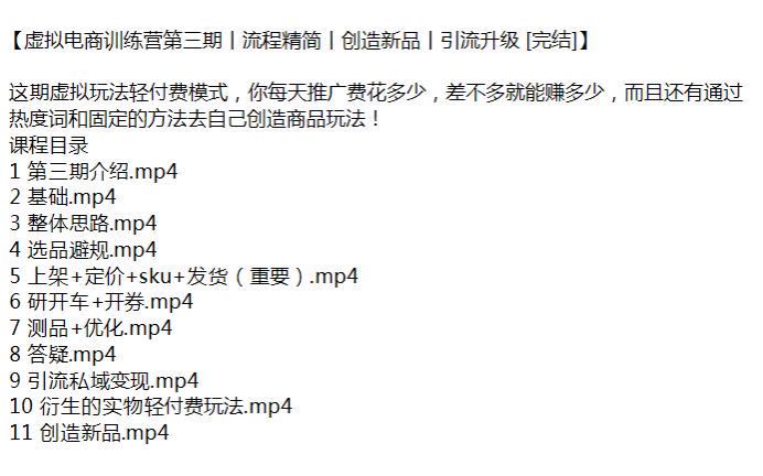 虚拟电商轻付费模式训练营，选品避规引流私域变现等 284.17MB