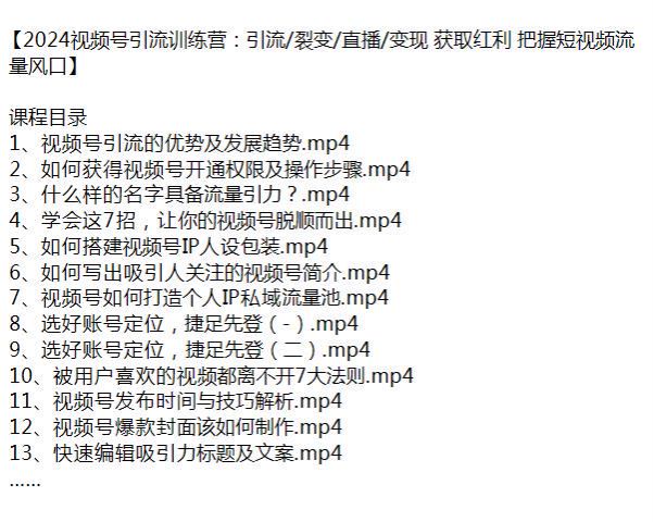 2024 视频号从发布到运营引流课程，账号定位、爆款制作、热门技巧等 662.85MB