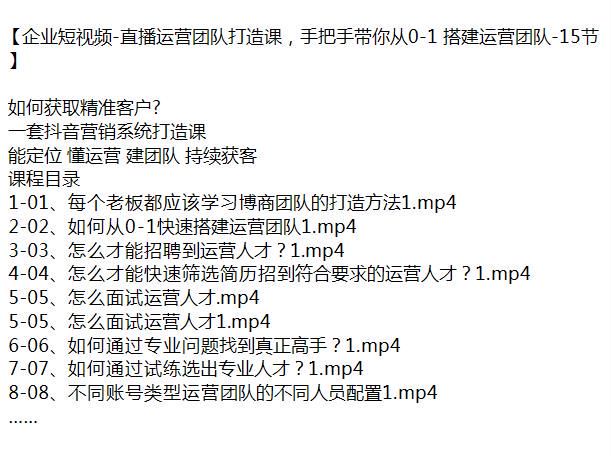 企业短视频和直播团队 0 - 1 搭建课程，助你能定位、懂运营、建团队、持续获客 301.73MB