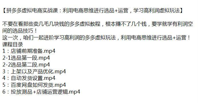 拼多多高利润虚拟资源运营课，利用电商思维进行选品运营 2.04GB