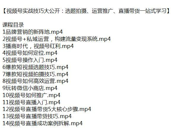 视频号从选题拍摄到运营推广实战课，教你构建流量变现体系 548.29MB