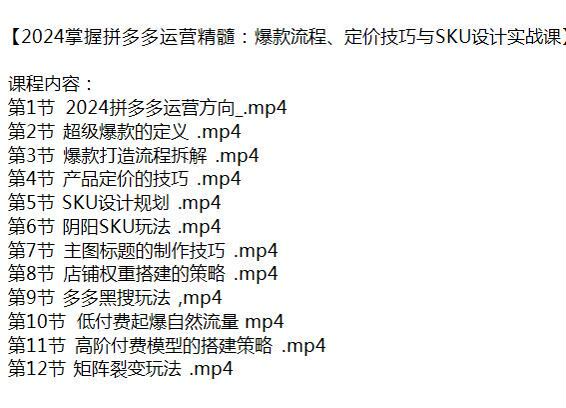 2024 拼多多运营精髓技巧课，SKU 设计、标题制作技巧、店铺权重搭建等 3.83GB