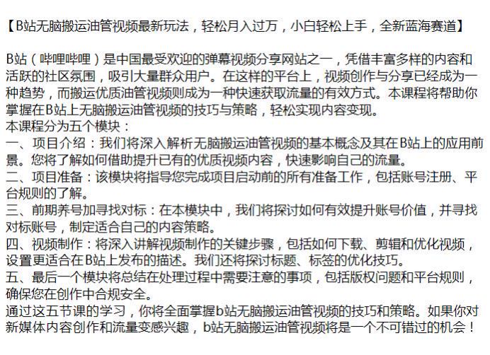 B 站搬运国外优秀视频变现课，但也需要注意版权问题和平台规则源 1.00GB